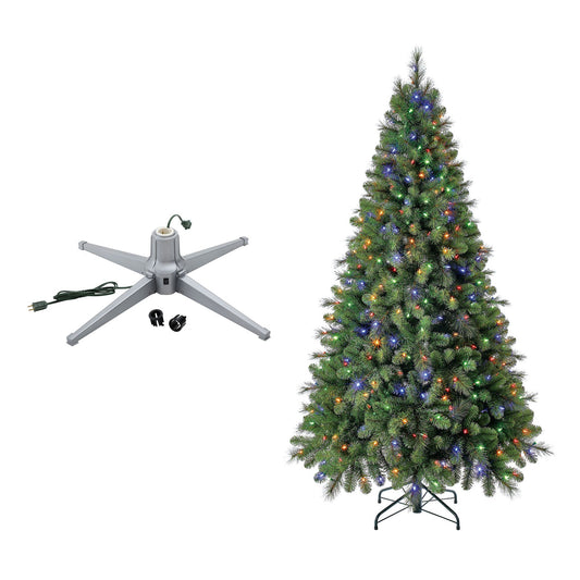 Home Heritage Rotating Tree Stand Base with Cascade Quick Set 7-Ft Pre-Lit Tree