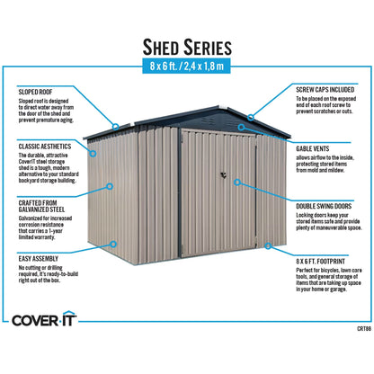 COVER-IT Metal Lockable Storage Shed for Outdoor or Backyard Storage, 8' x 6'