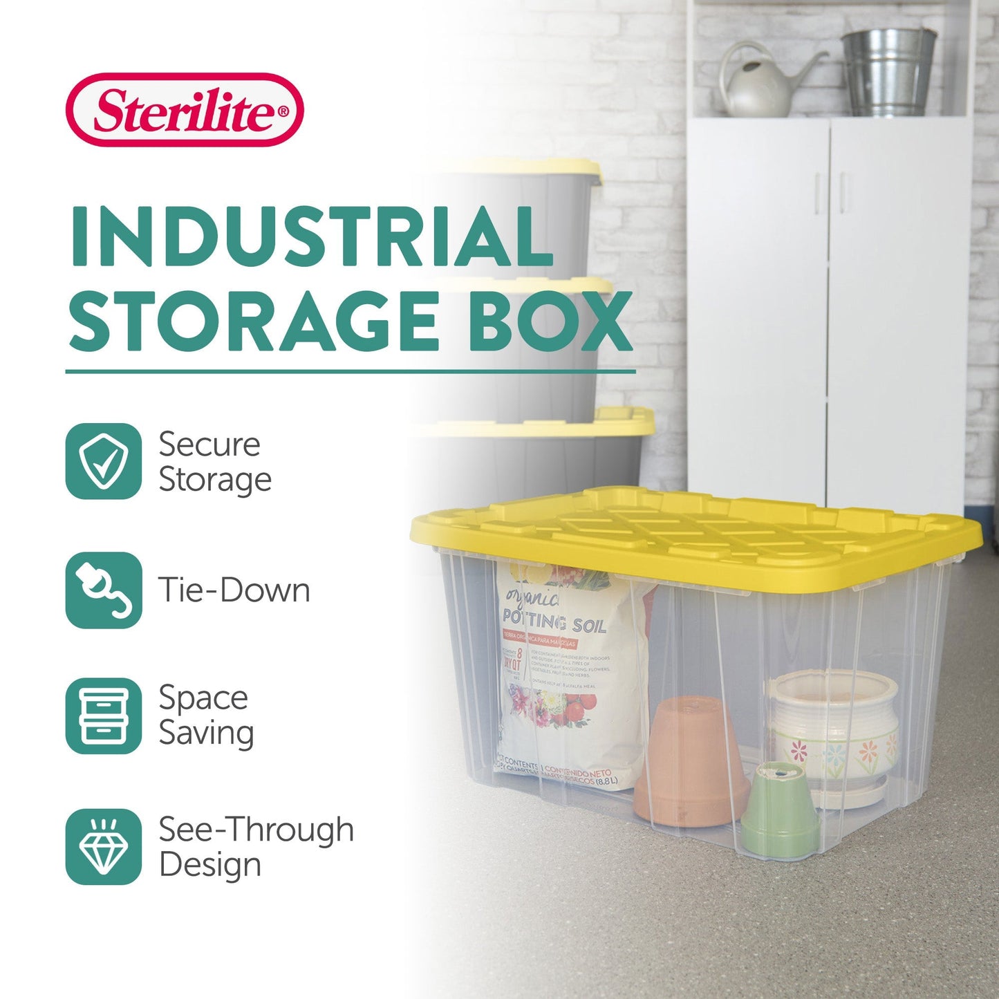Sterilite Industrial Storage Box with Carrying Handles, 27 Gal, Yellow, 8 Pack