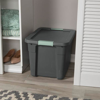 Sterilite 6Pk Latch Tote, Stackable Plastic Storage Container, 12Gal, Gray/Green