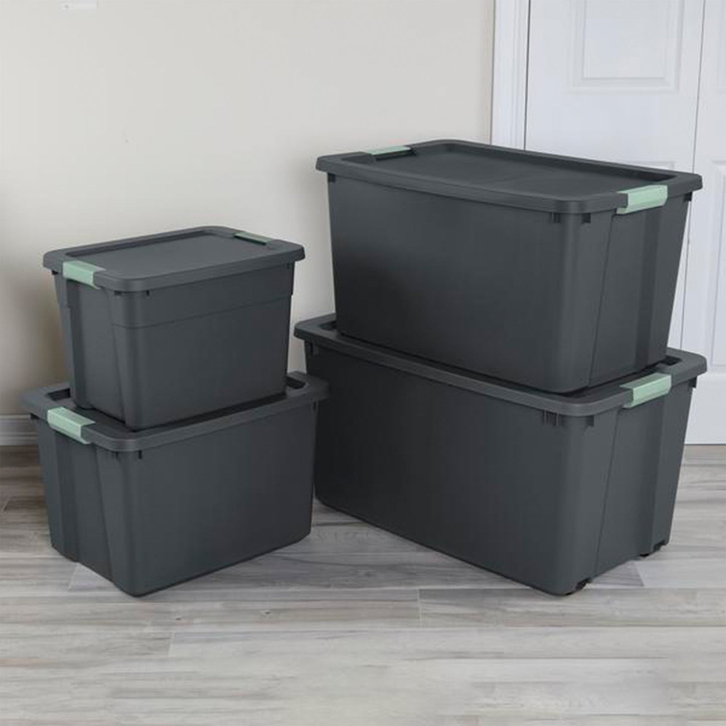 Sterilite 6Pk Latch Tote, Stackable Plastic Storage Container, 12Gal, Gray/Green