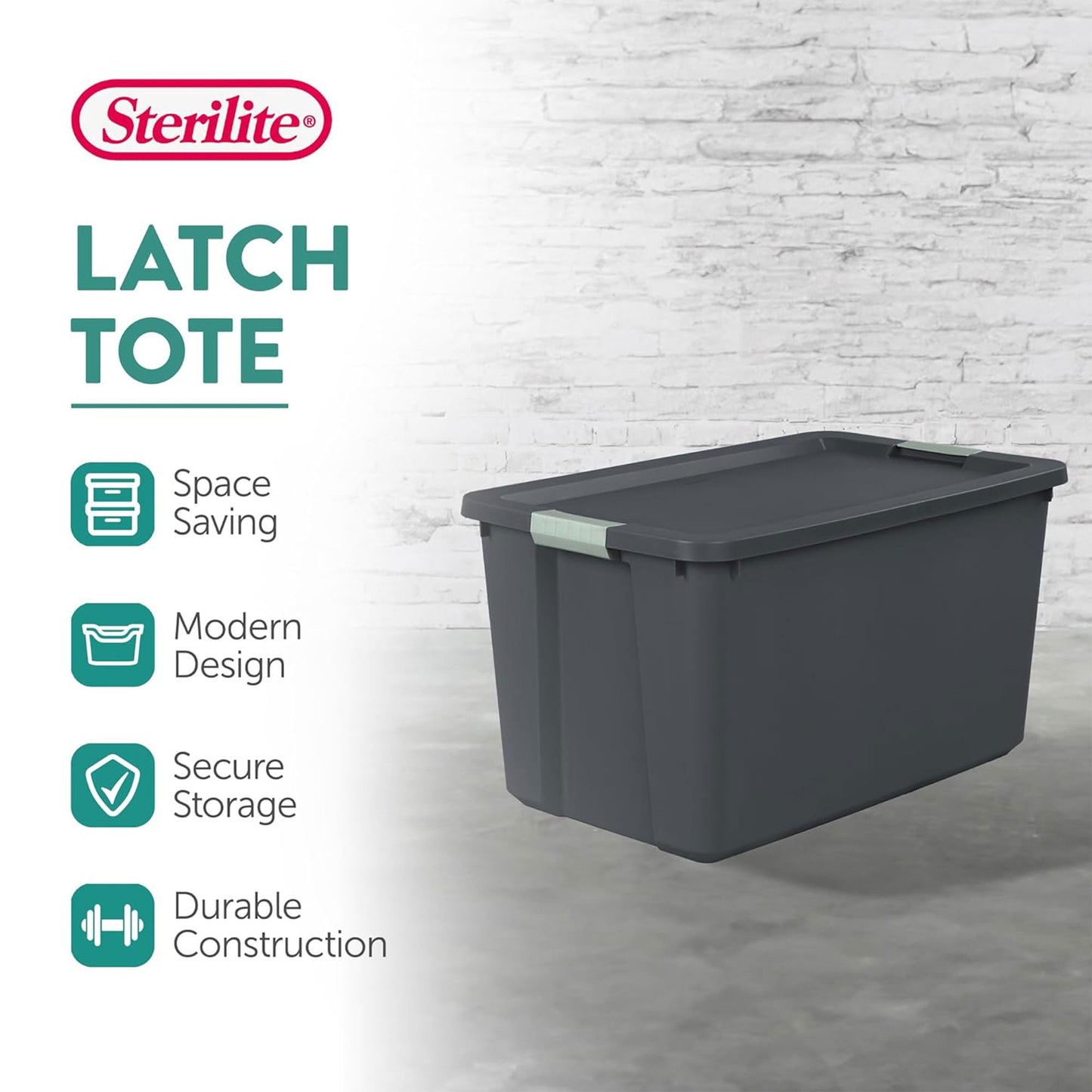 Sterilite 12 Pack 34 Gal Latch Tote, Stackable Plastic Storage Bin, Gray/Green