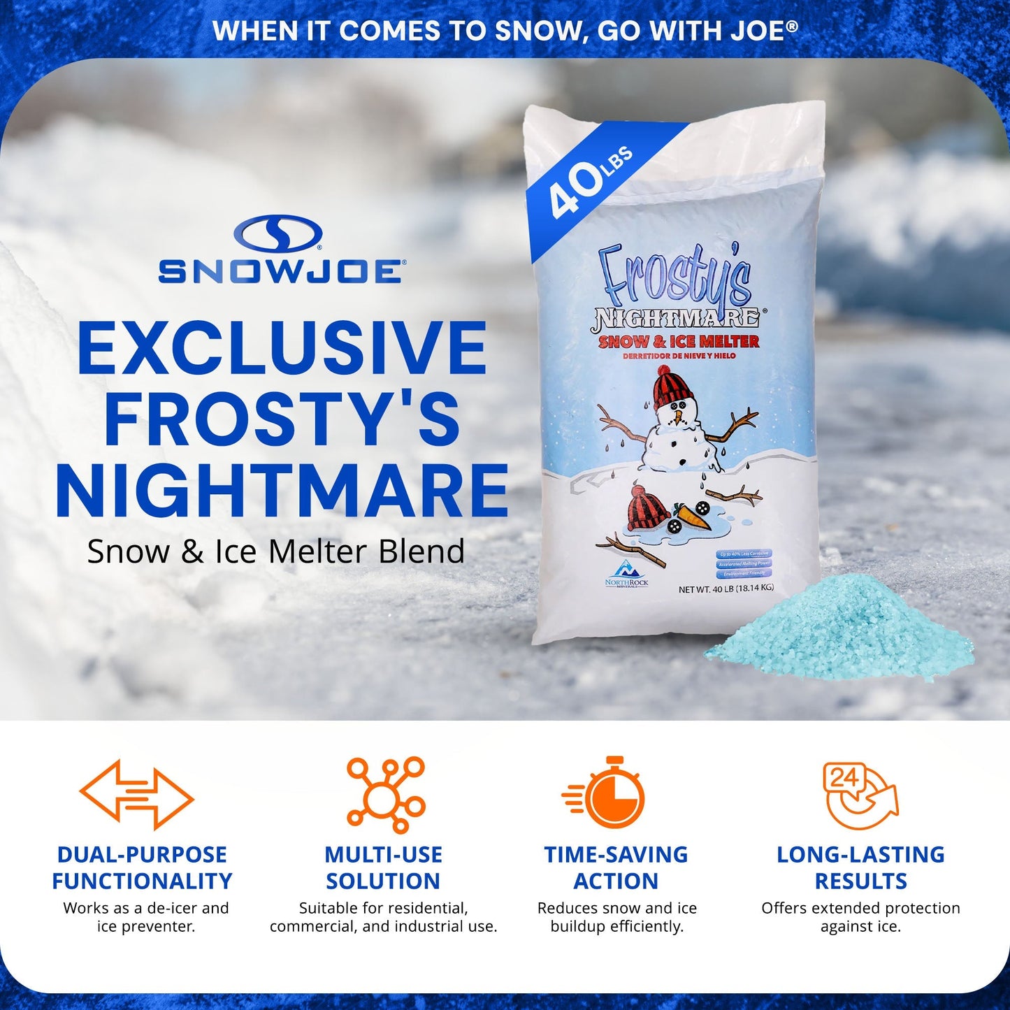 Snow Joe Exclusive Frosty's Nightmare Ice Salt Melt Blend Bag, 40 lbs, AZ-FN-40