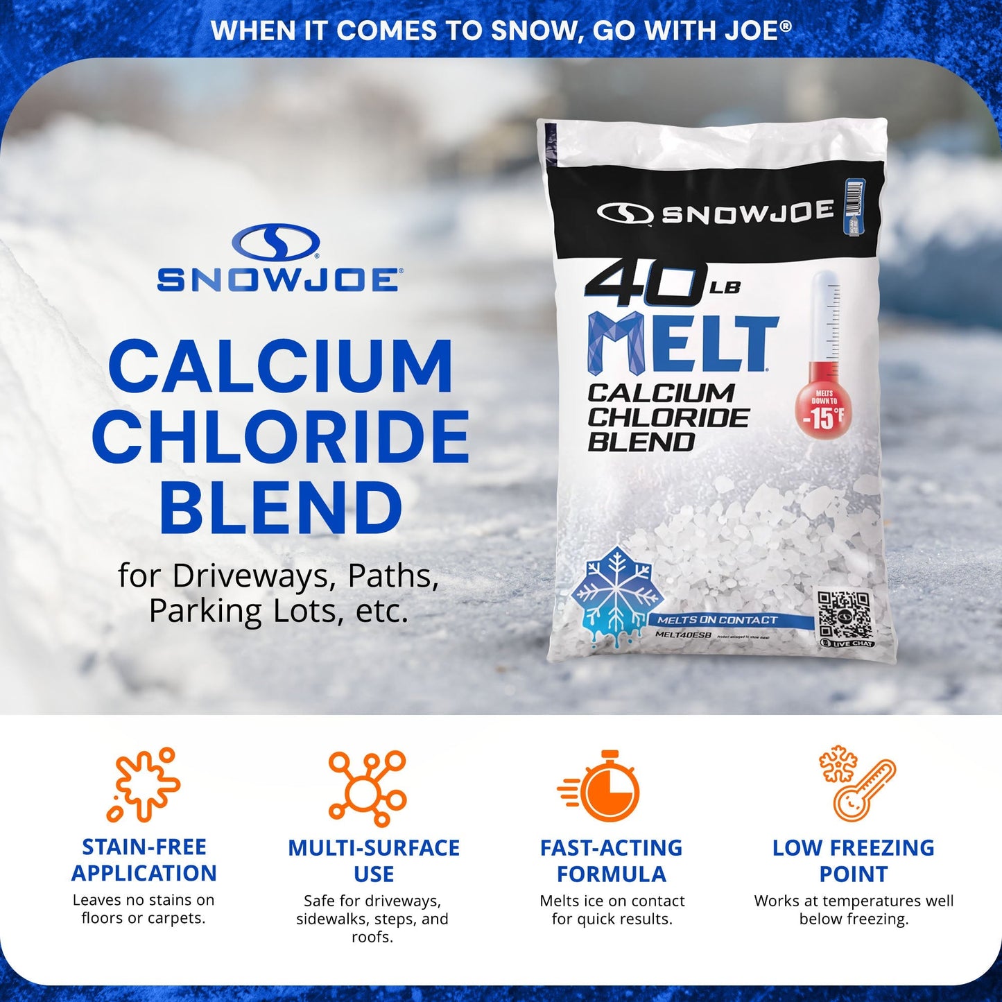 Snow Joe Calcium Chloride Blend Deicer & Snow Removal, 40 Pound Bag, MELT40ESB
