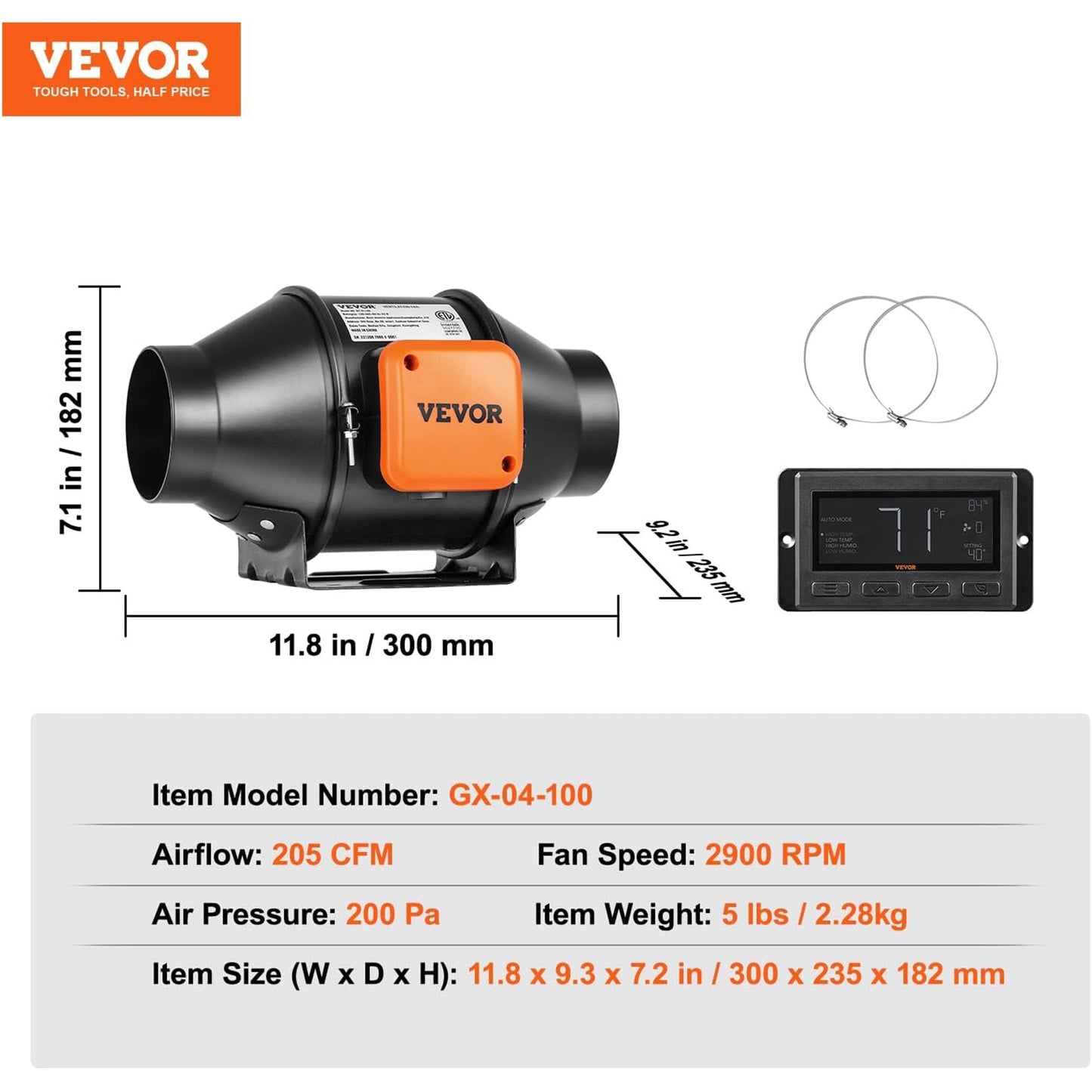 Vevor Inline Duct Fan w/Temperature and Humidity Controller for Hydroponics, 4"