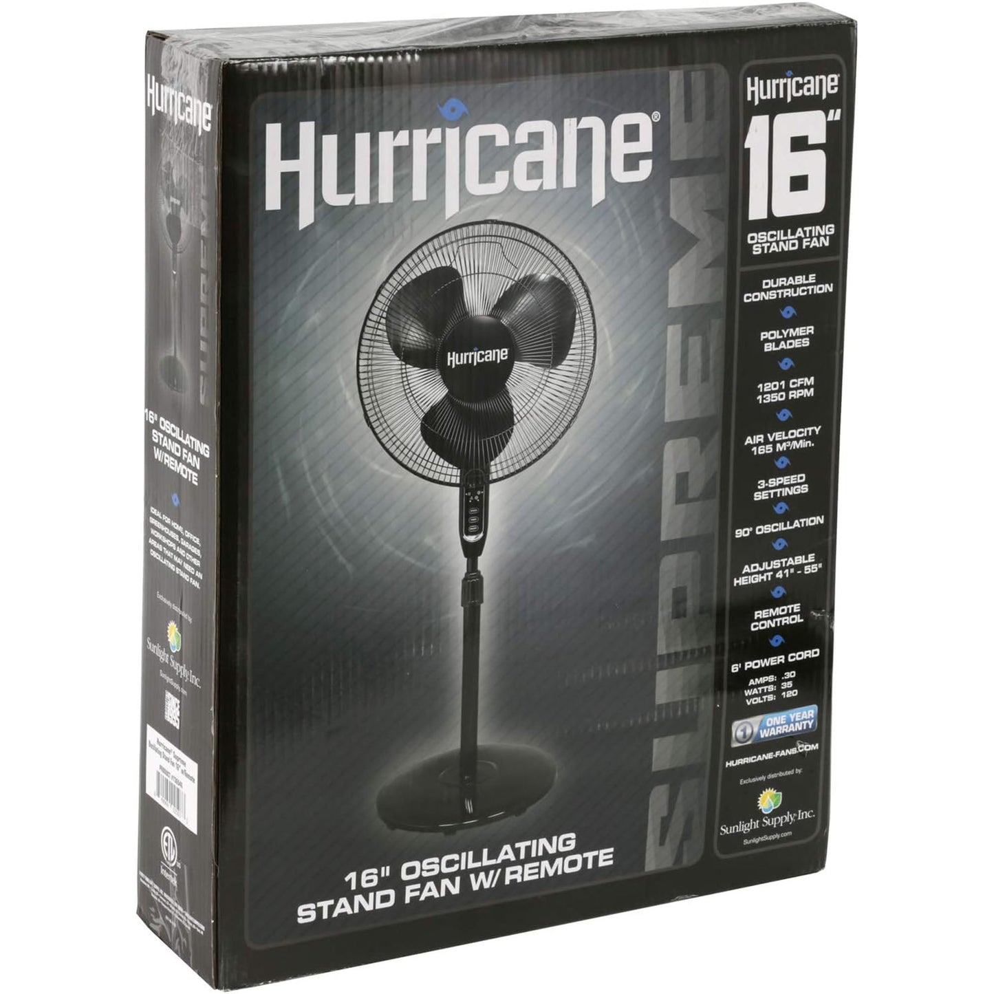 Hurricane Supreme 16" 3 Speed Oscillating Stand Pedestal Fan with Remote, Black