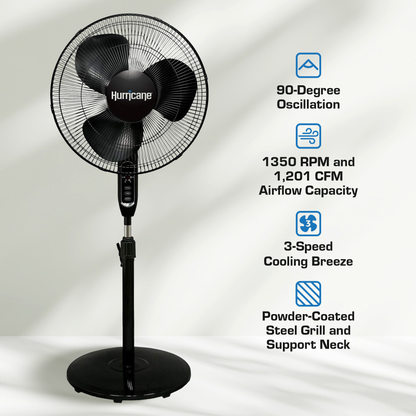 Hurricane Supreme 16" 3 Speed Oscillating Stand Pedestal Fan with Remote, Black