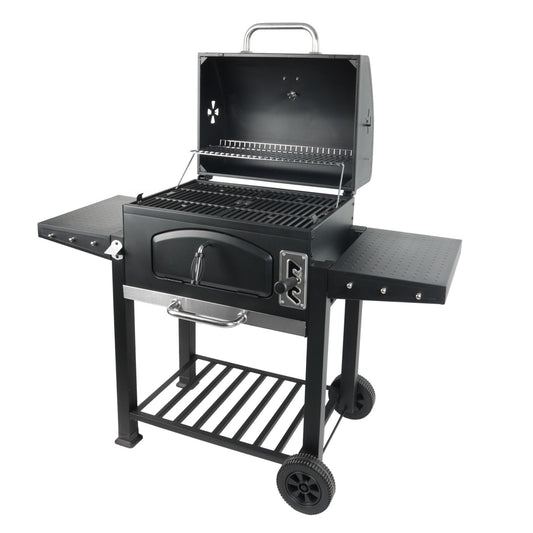 Grill Boss 24 Inch Charcoal BBQ Grill, Side Shelves, Built In Thermometer, Black