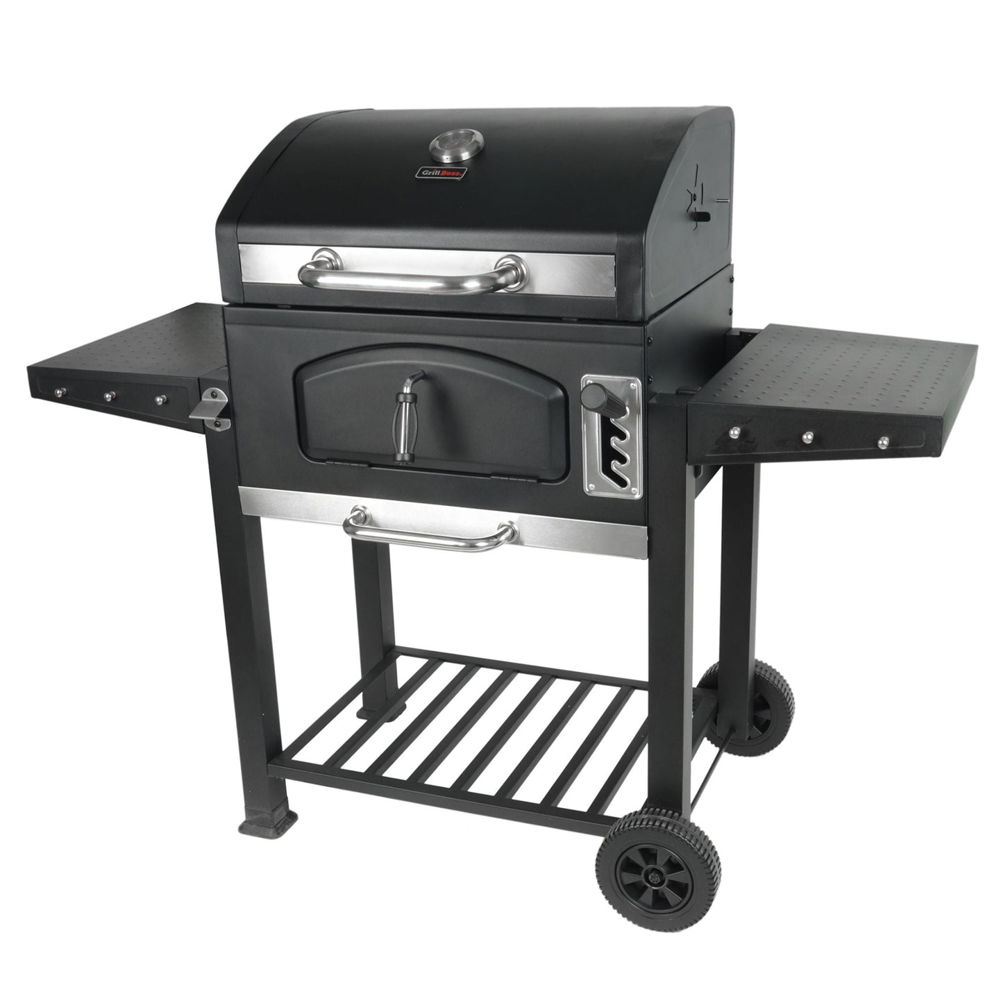 Grill Boss 24 Inch Charcoal BBQ Grill, Side Shelves, Built In Thermometer, Black
