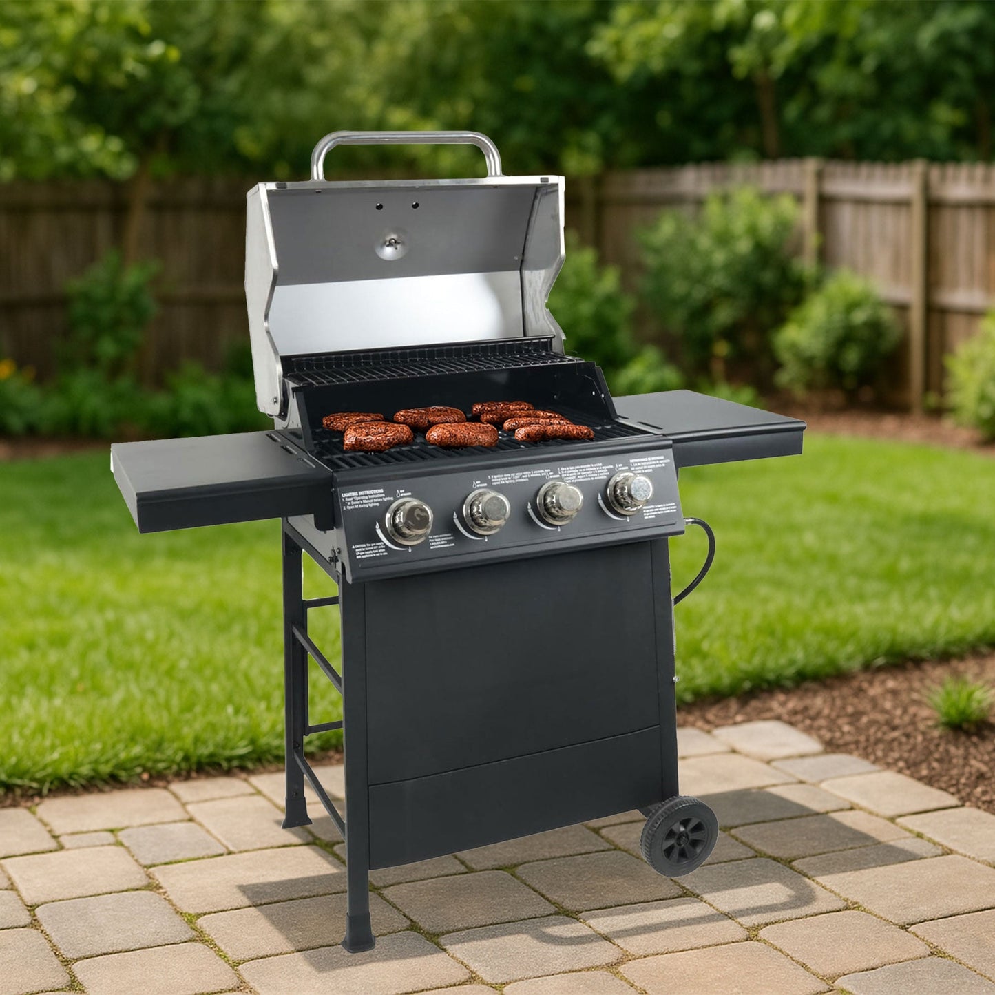 Grill Boss 4-Burner Outdoor Propane Gas Grill with Side Burner and Wheels, Black