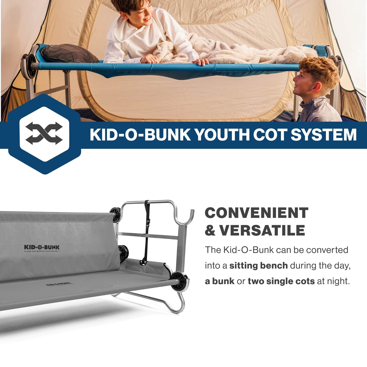 Disc-O-Bed Youth Double Cot Kid-O-Bunk, Storage Organizers & Carry Bag, Grey