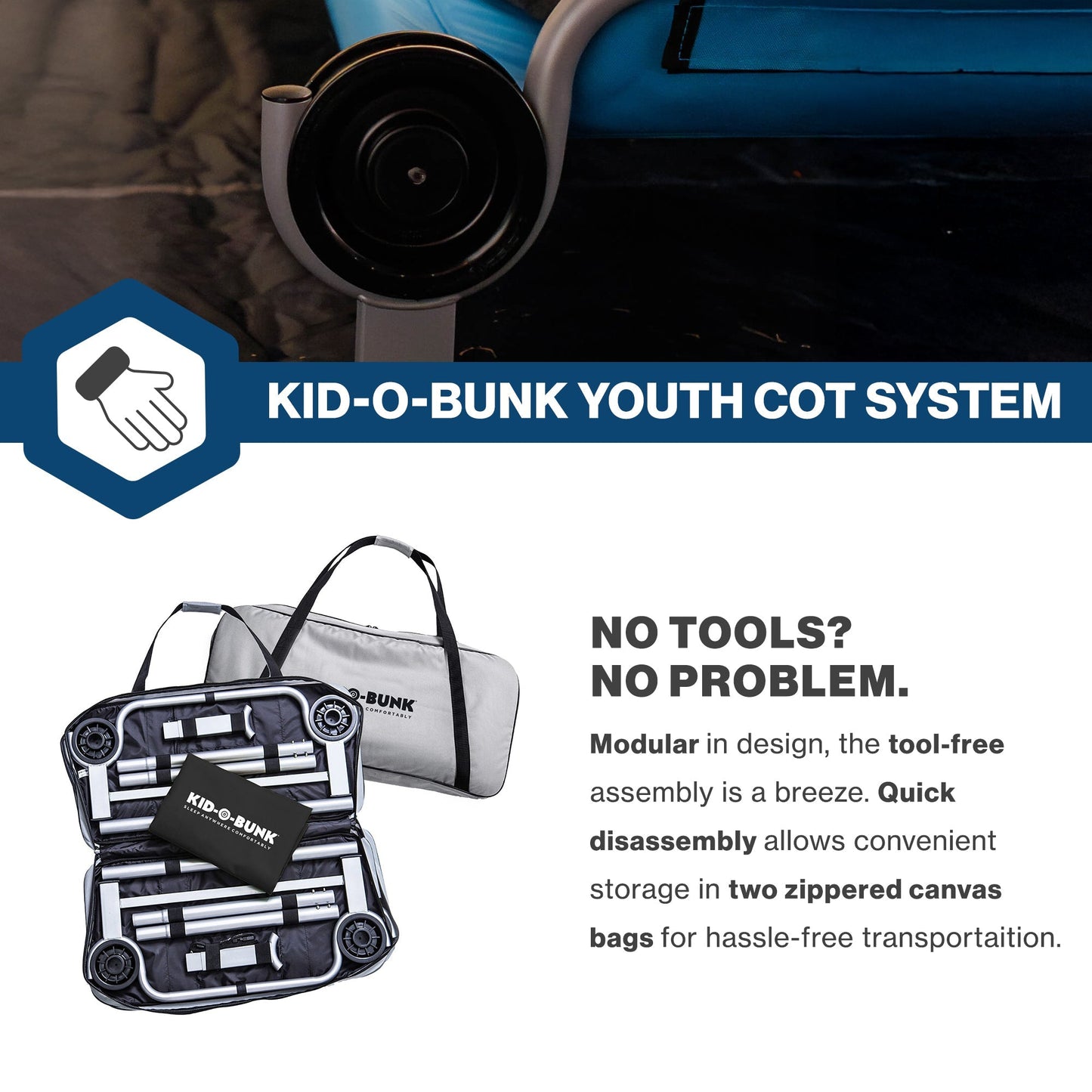 Disc-O-Bed Youth Double Cot Kid-O-Bunk, Storage Organizers & Carry Bag, Grey