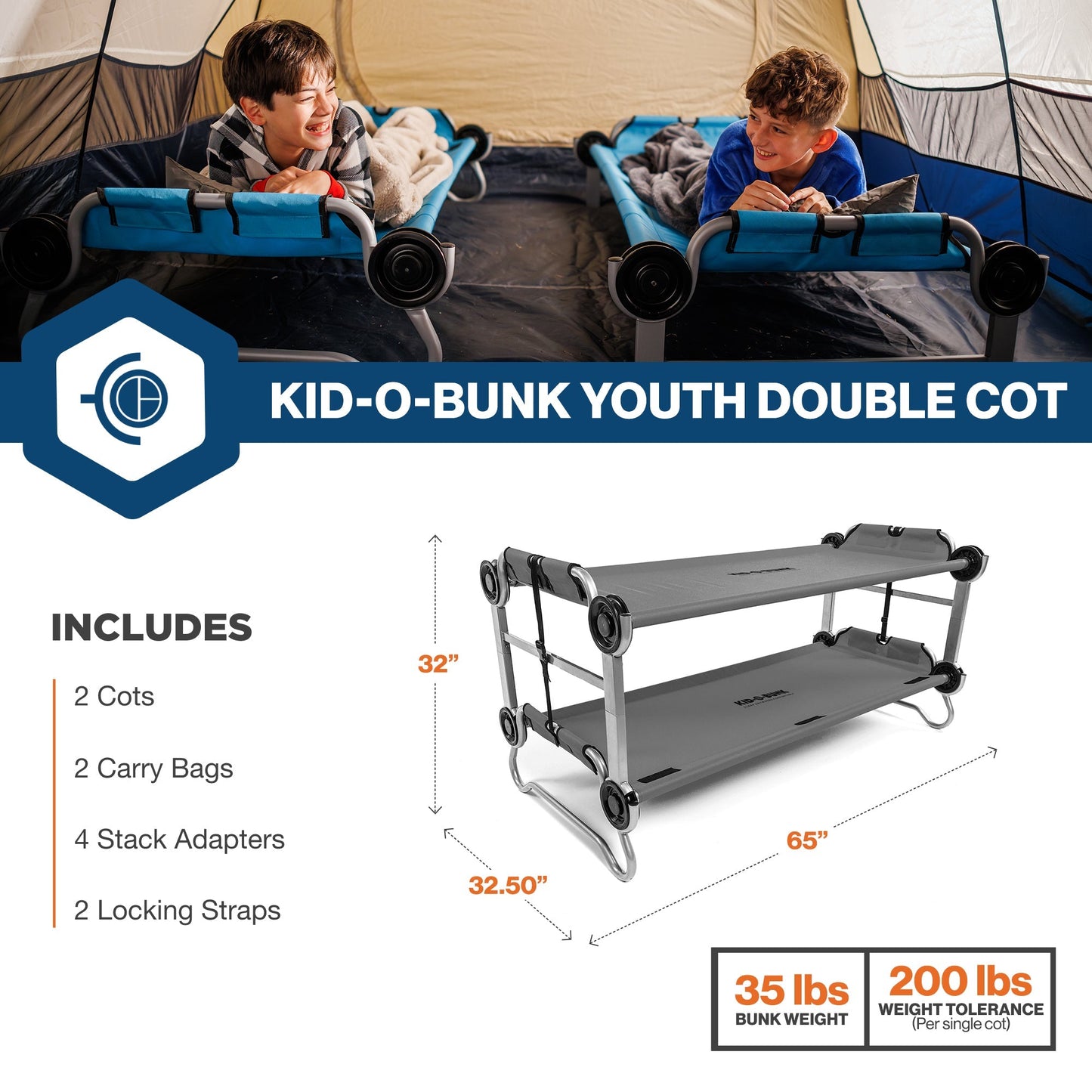 Disc-O-Bed Youth Double Cot Kid-O-Bunk, Storage Organizers & Carry Bag, Grey