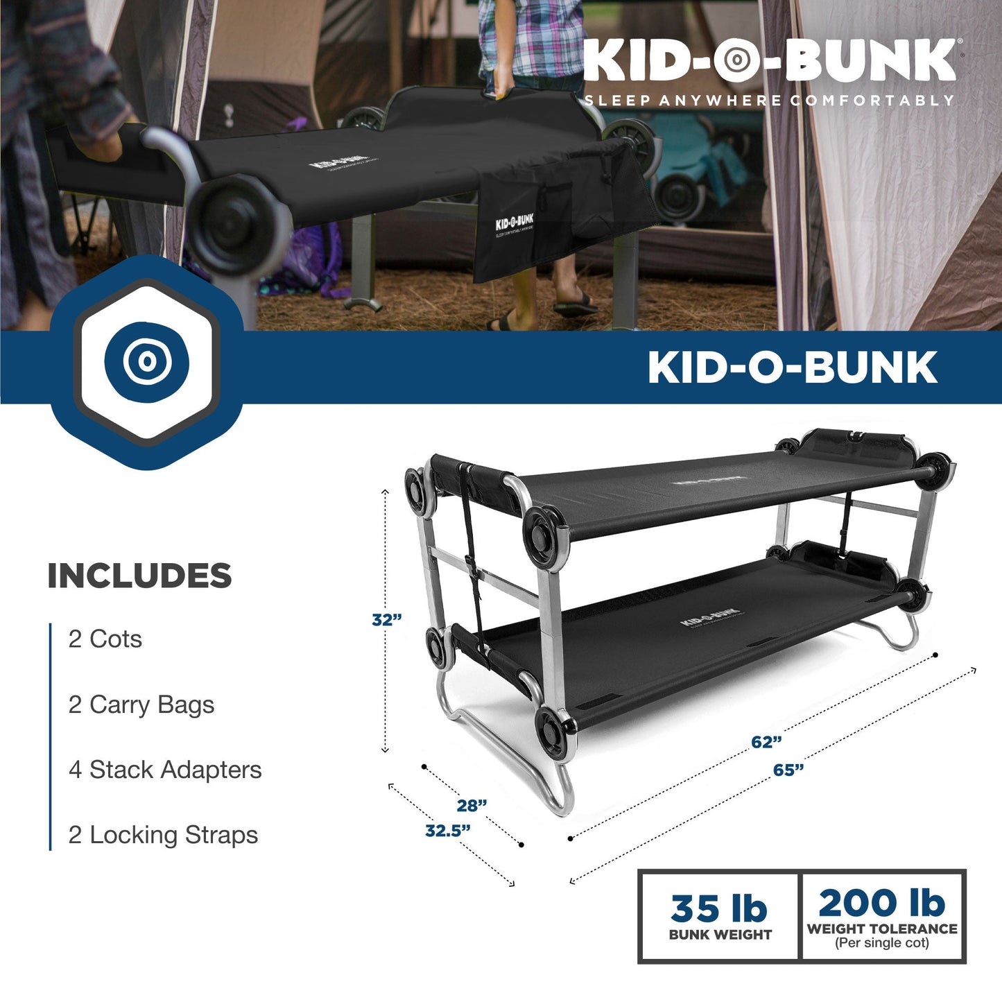 Disc-O-Bed Youth Double Cot Kid-O-Bunk w/ 200 Pound Capacity & Carry Bags, Black