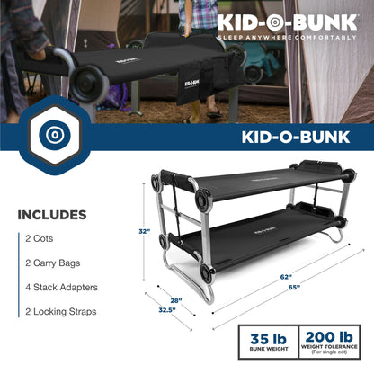 Disc-O-Bed Youth Double Cot Kid-O-Bunk w/ 200 Pound Capacity & Carry Bags, Black