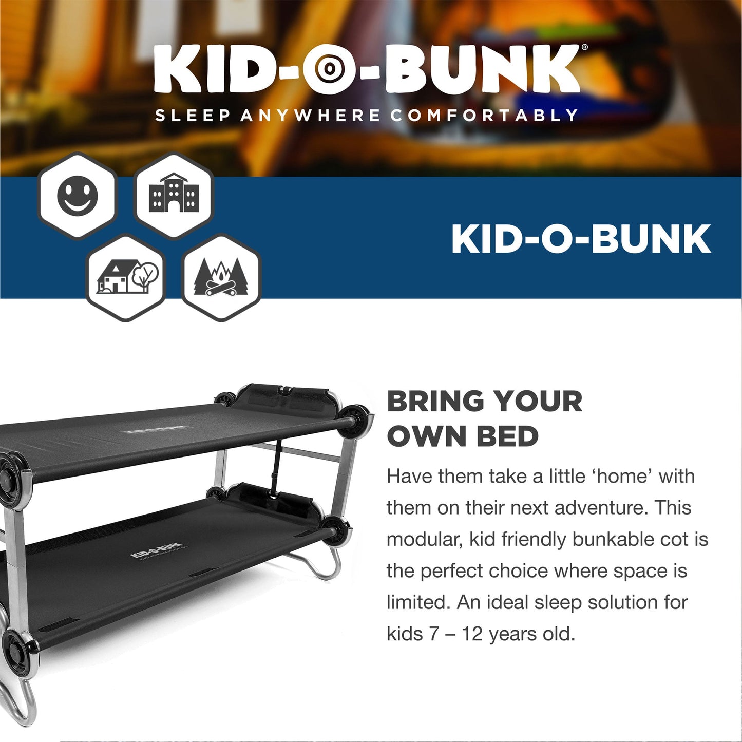 Disc-O-Bed Youth Double Cot Kid-O-Bunk w/ 200 Pound Capacity & Carry Bags, Black