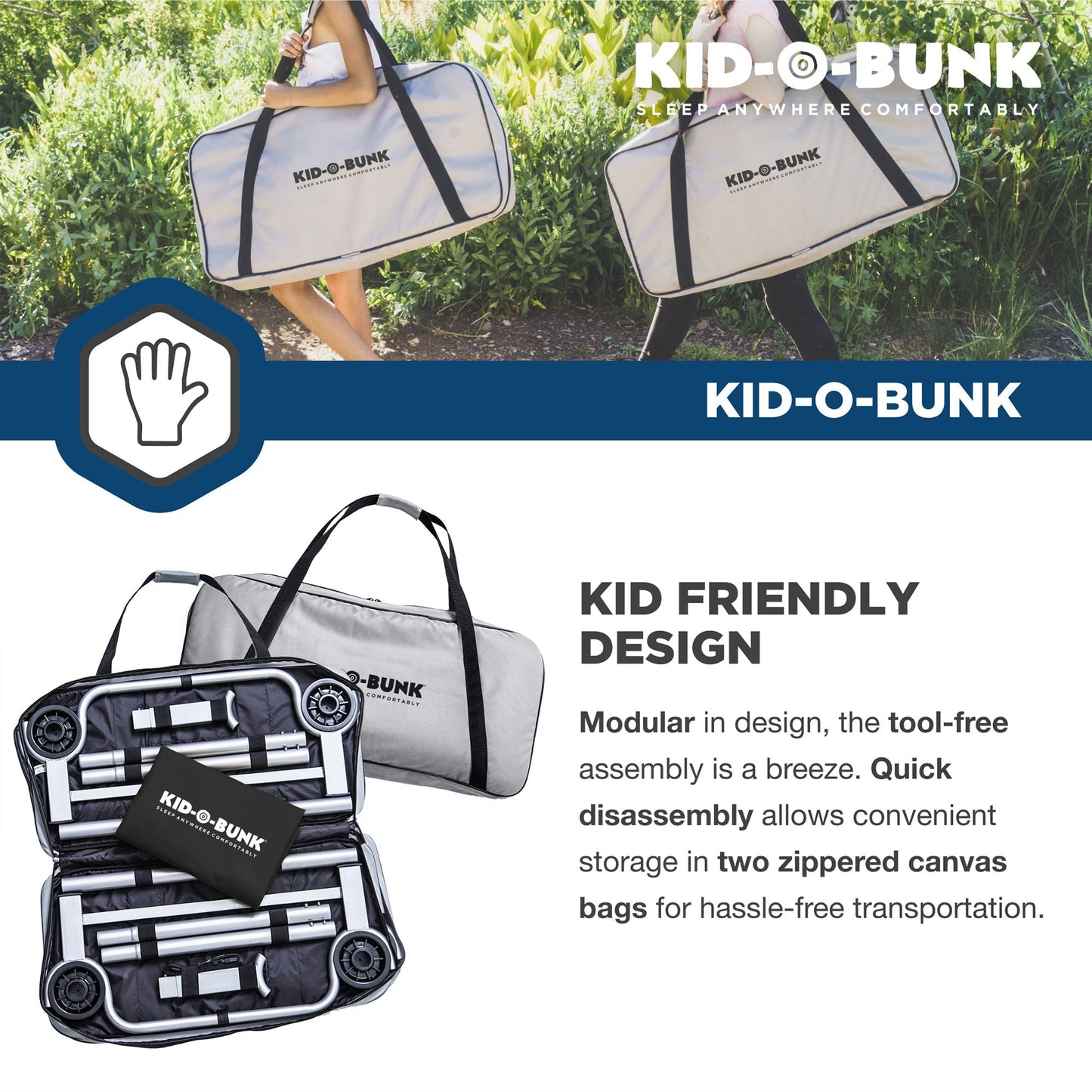 Disc-O-Bed Youth Double Cot Kid-O-Bunk w/ 200 Pound Capacity & Carry Bags, Black