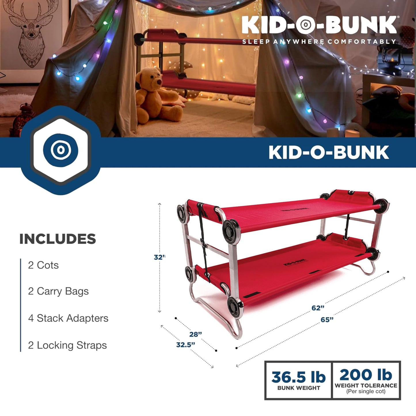 Disc-O-Bed Youth Double Cot Kid-O-Bunk w/ 200 Pound Capacity & Carry Bags, Red