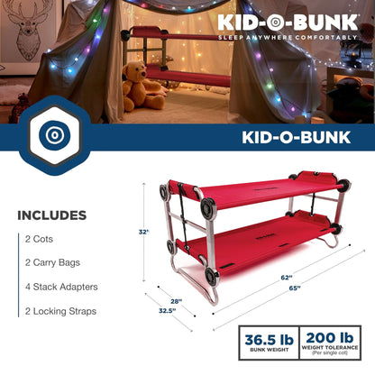 Disc-O-Bed Youth Double Cot Kid-O-Bunk w/ 200 Pound Capacity & Carry Bags, Red