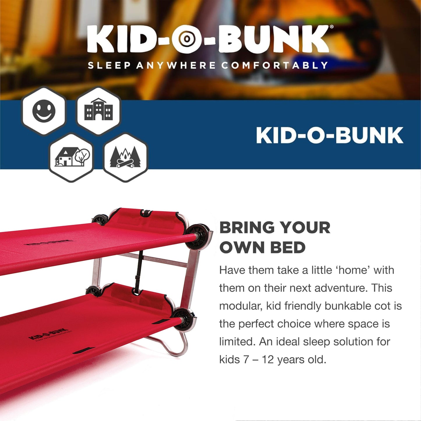 Disc-O-Bed Youth Double Cot Kid-O-Bunk w/ 200 Pound Capacity & Carry Bags, Red