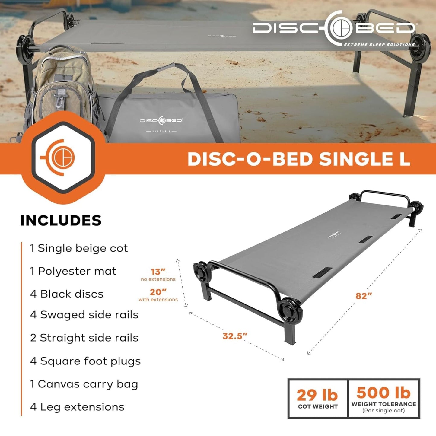 Disc-O-Bed Single Cot, Portable Sleep Solution for Tents & Cabins, Grey, Large