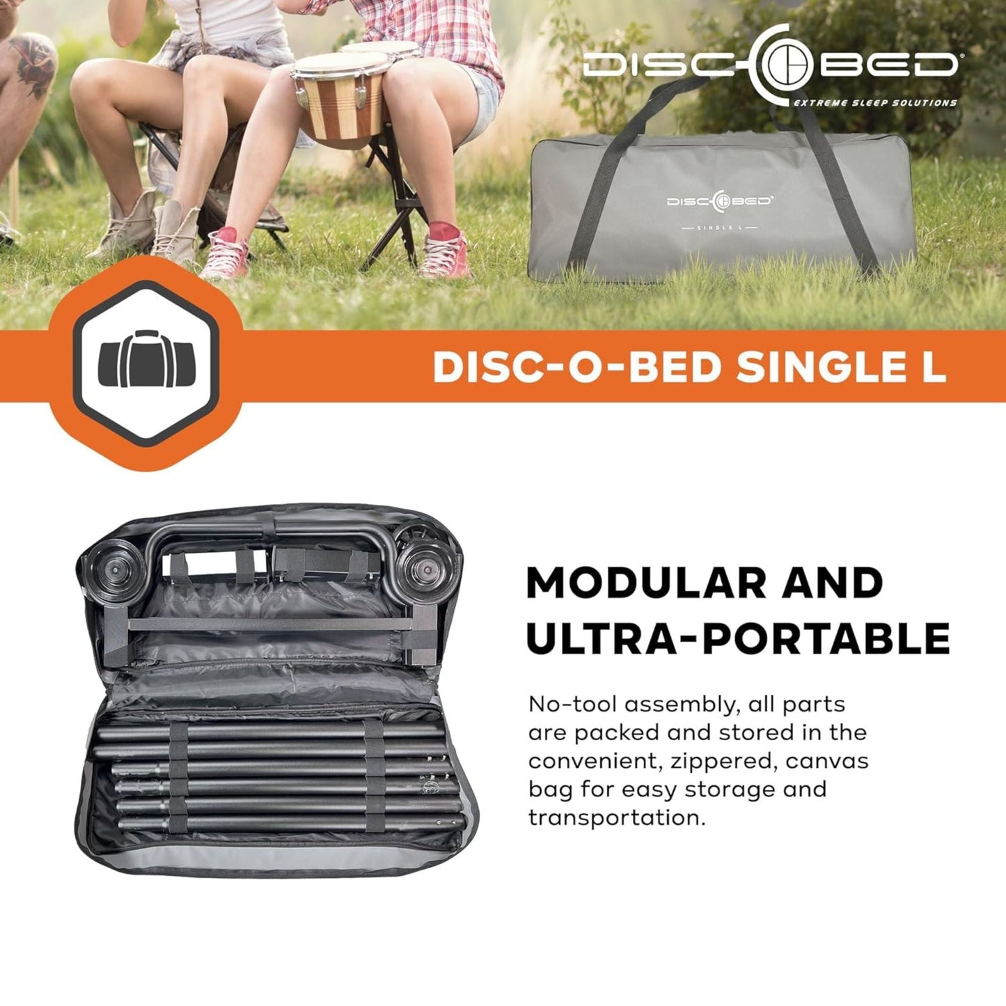 Disc-O-Bed Single Cot, Portable Sleep Solution for Tents & Cabins, Grey, Large