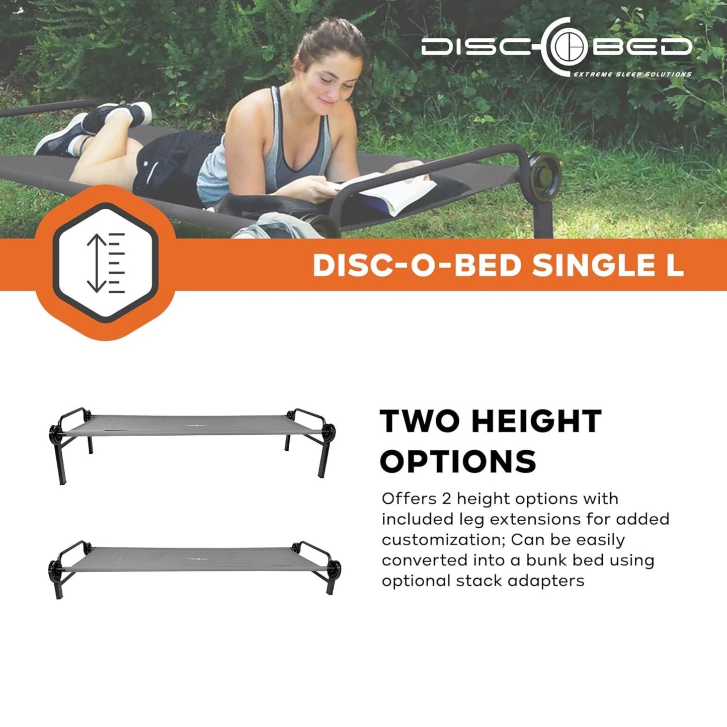 Disc-O-Bed Single Cot, Portable Sleep Solution for Tents & Cabins, Grey, Large