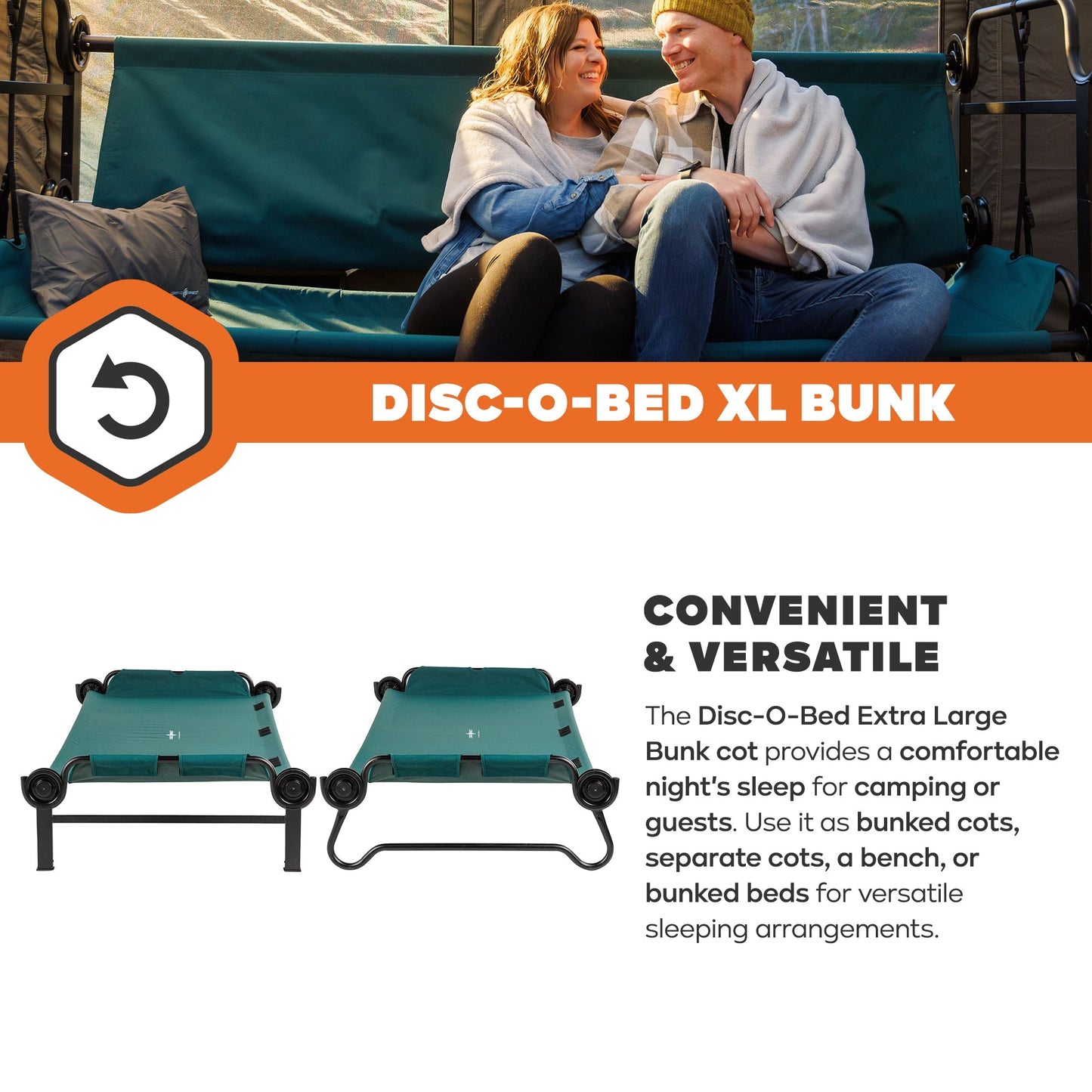 Disc-O-Bed Extra Large Outdoor Convertible 2 Person Portable Camping Cots, Green