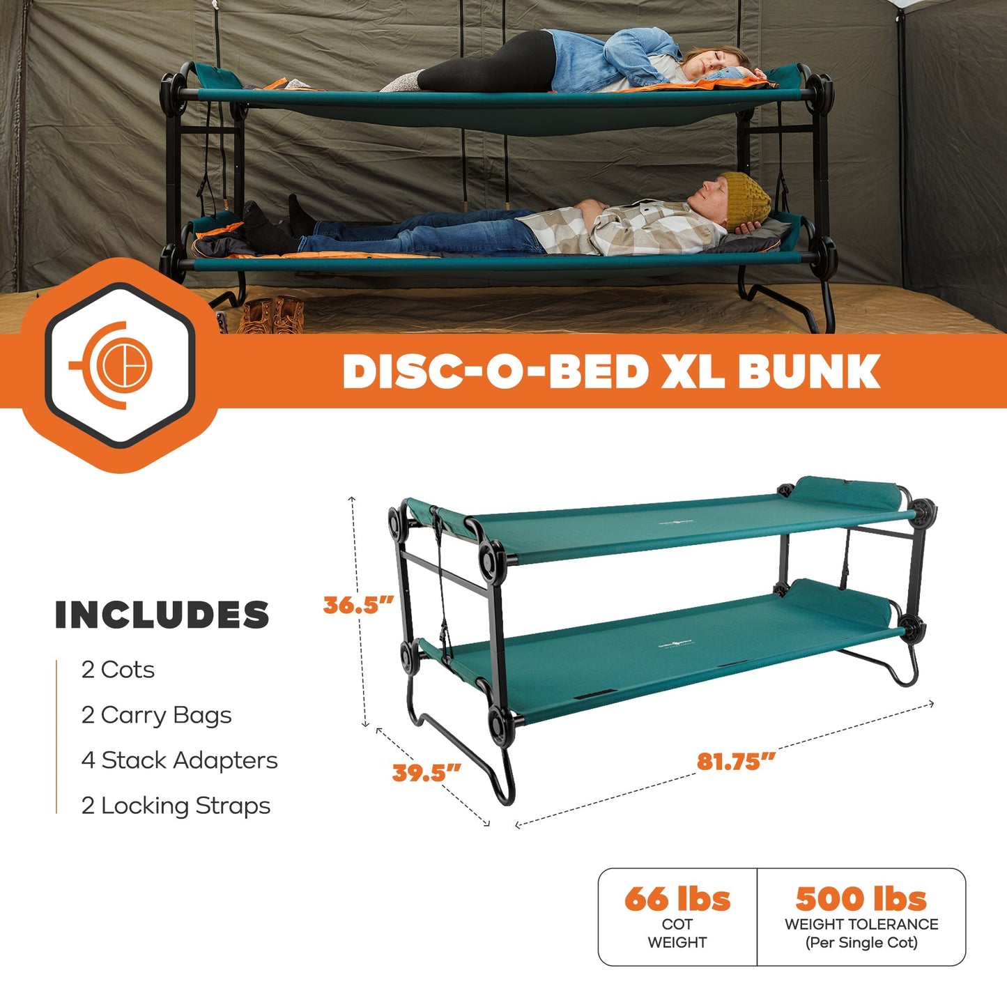 Disc-O-Bed Extra Large Outdoor Convertible 2 Person Portable Camping Cots, Green