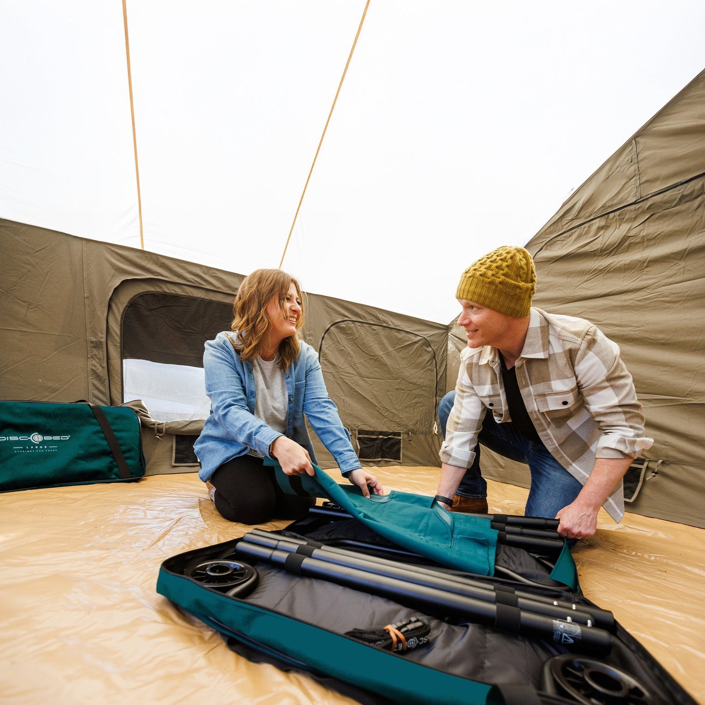 Disc-O-Bed Extra Large Outdoor Convertible 2 Person Portable Camping Cots, Green