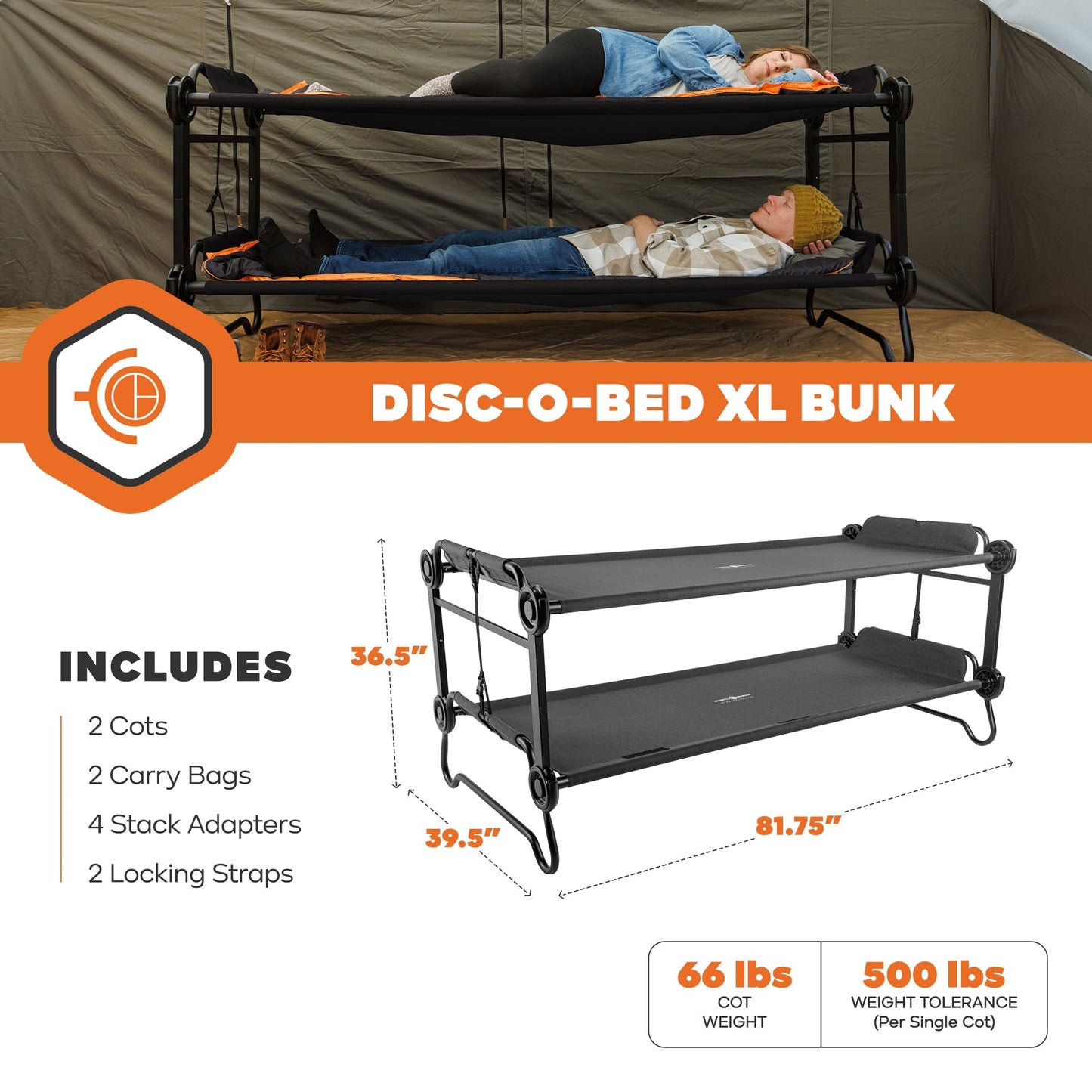 Disc-O-Bed Extra Large Outdoor Convertible 2 Person Portable Camping Cots, Black