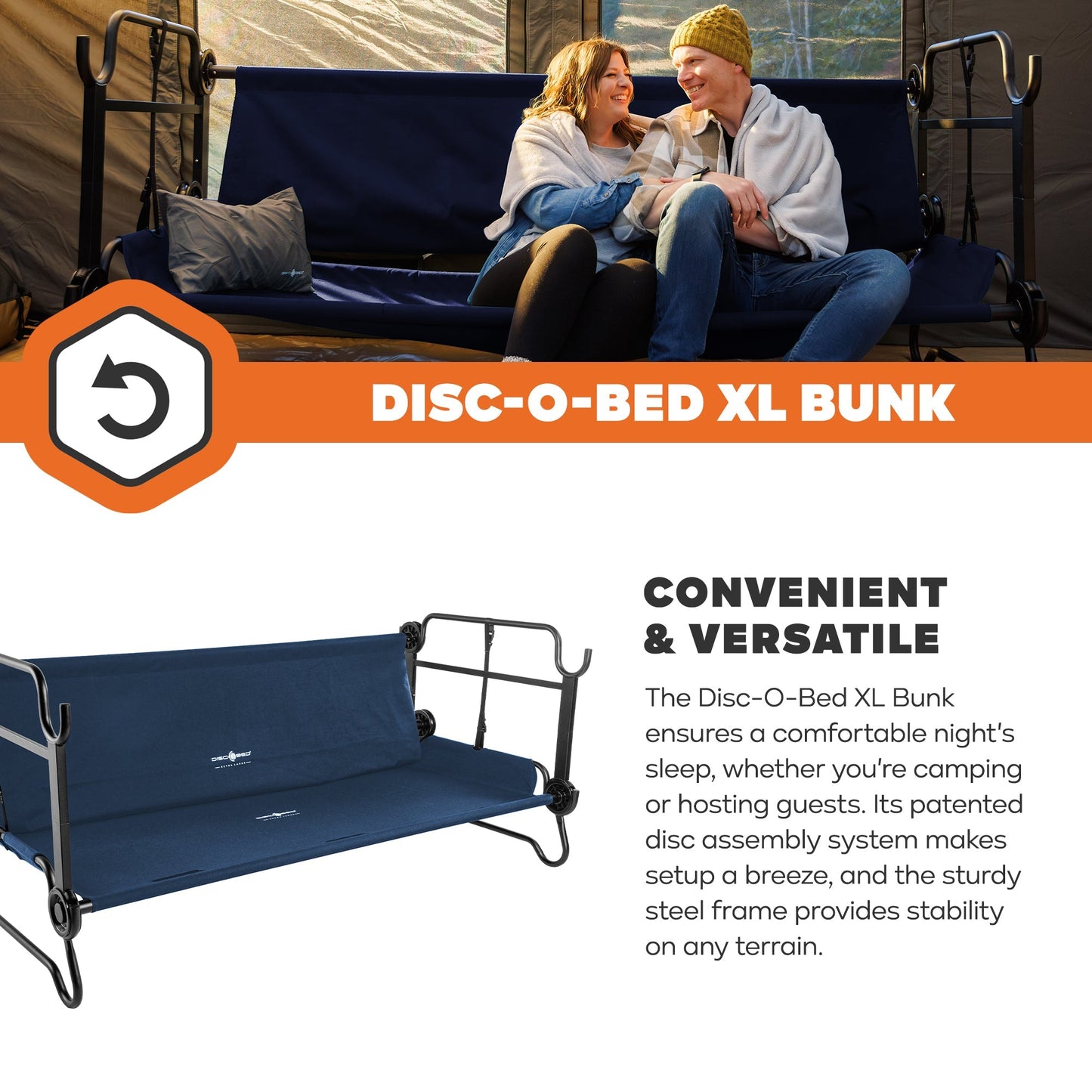 Disc-O-Bed Extra Large Outdoor Convertible 2 Person Portable Camping Cots, Navy