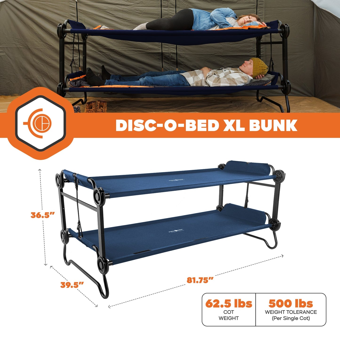 Disc-O-Bed Extra Large Outdoor Convertible 2 Person Portable Camping Cots, Navy