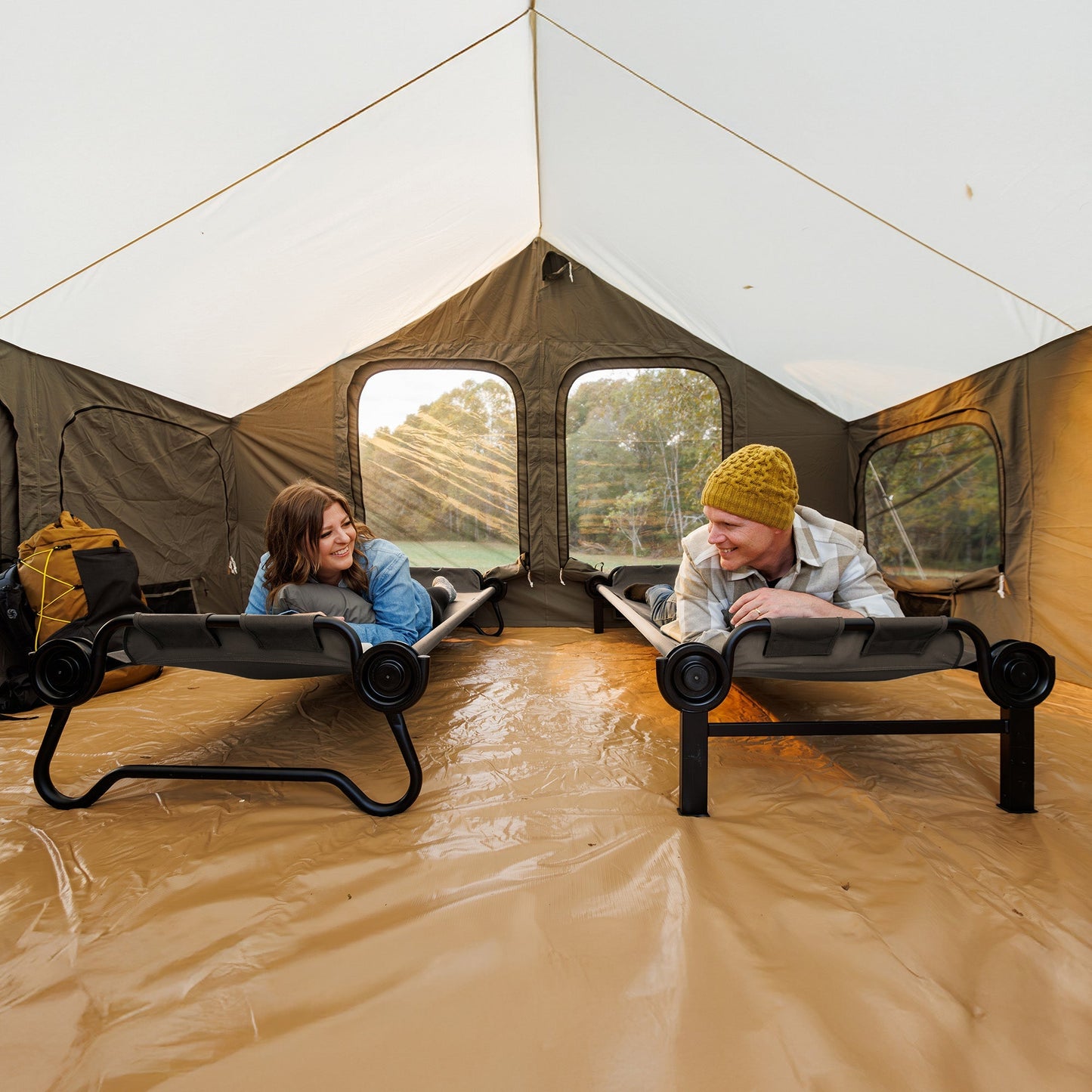 Disc-O-Bed Extra Large Outdoor Convertible 2 Person Portable Camping Cots, Tan