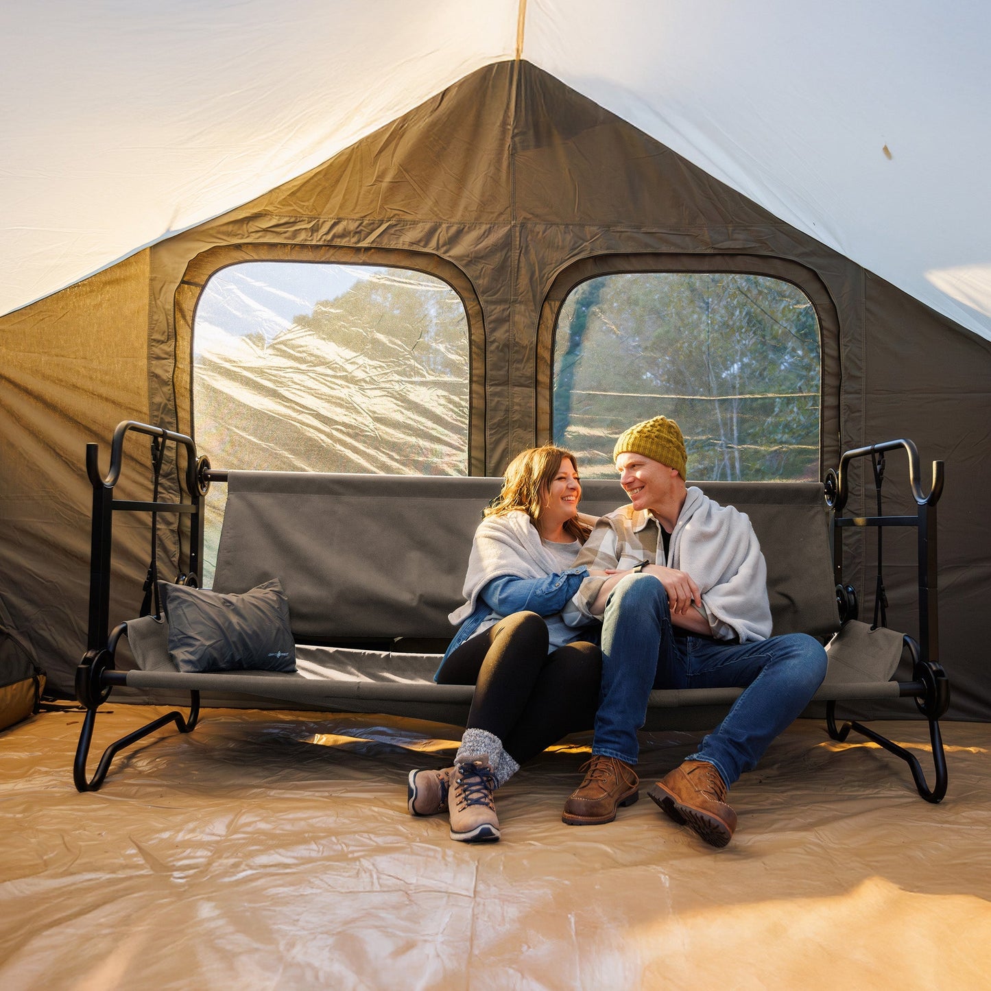 Disc-O-Bed Extra Large Outdoor Convertible 2 Person Portable Camping Cots, Tan