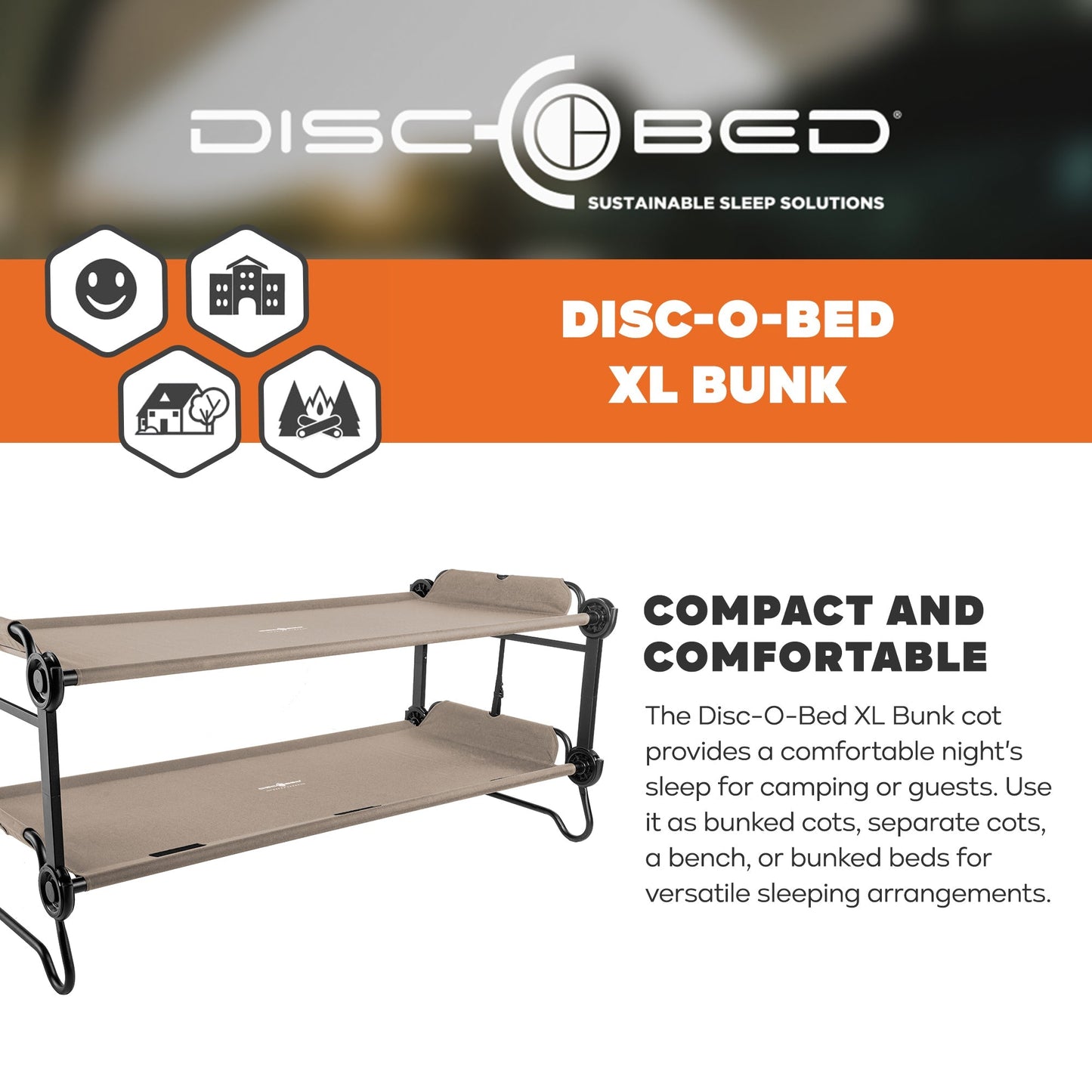 Disc-O-Bed Extra Large Outdoor Convertible 2 Person Portable Camping Cots, Tan