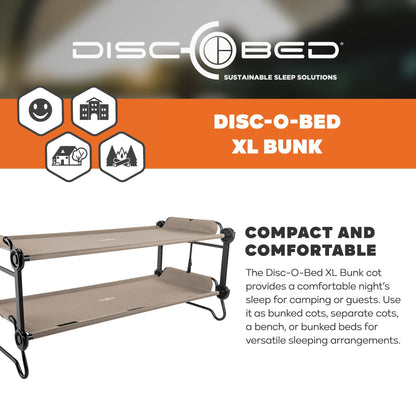 Disc-O-Bed Extra Large Outdoor Convertible 2 Person Portable Camping Cots, Tan