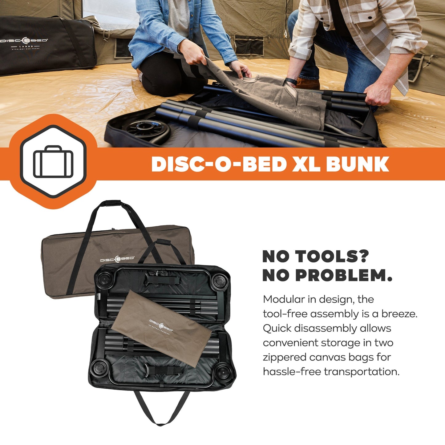 Disc-O-Bed Extra Large Outdoor Convertible 2 Person Portable Camping Cots, Tan