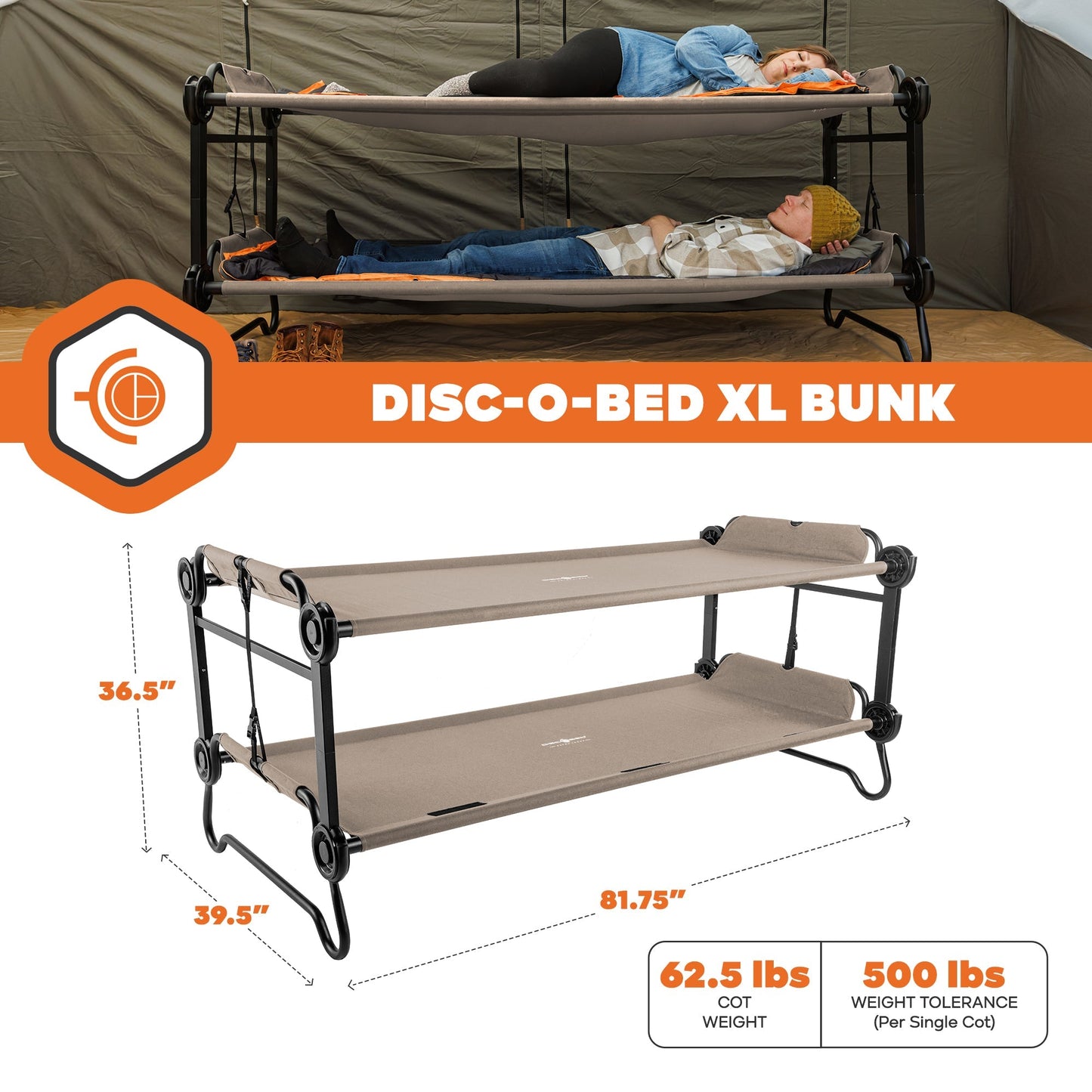 Disc-O-Bed Extra Large Outdoor Convertible 2 Person Portable Camping Cots, Tan