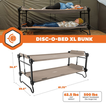 Disc-O-Bed Extra Large Outdoor Convertible 2 Person Portable Camping Cots, Tan