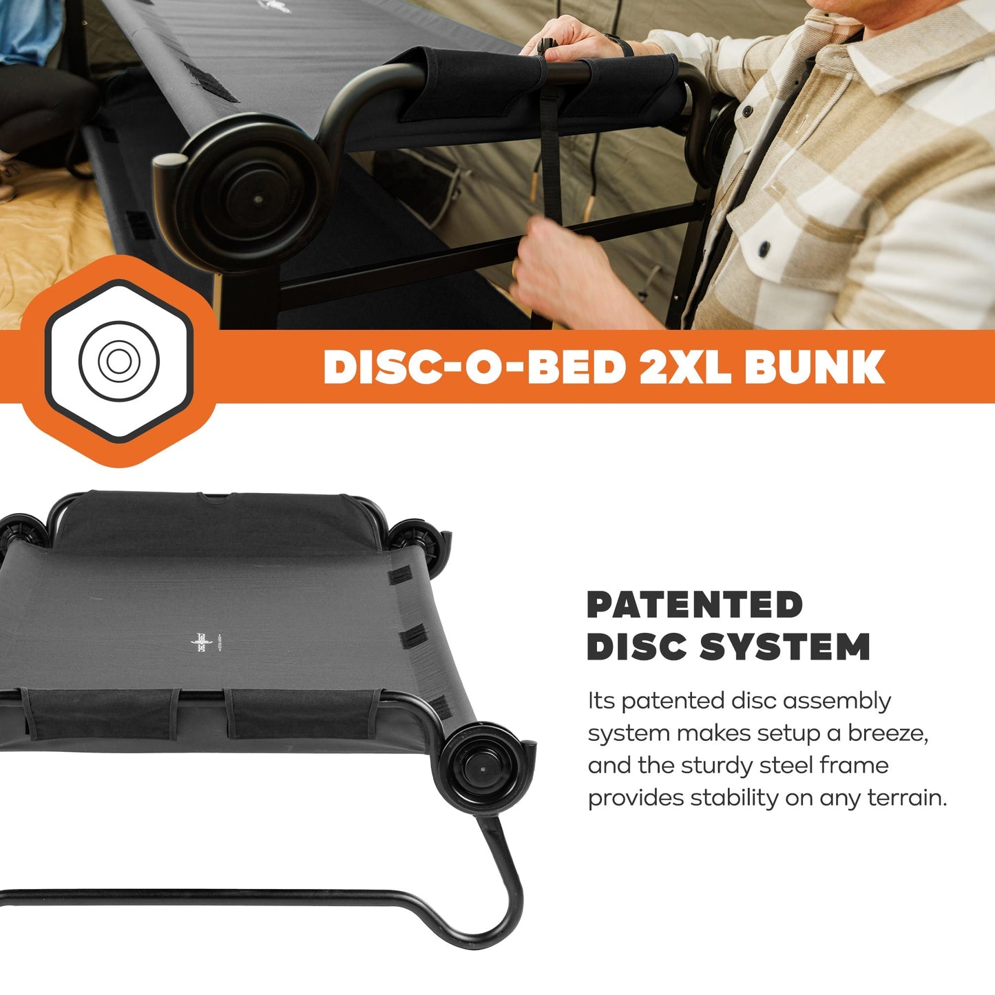 Disc-O-Bed 2XL Outdoor Convertible 2 Person Portable Camping Bunking Cots, Black