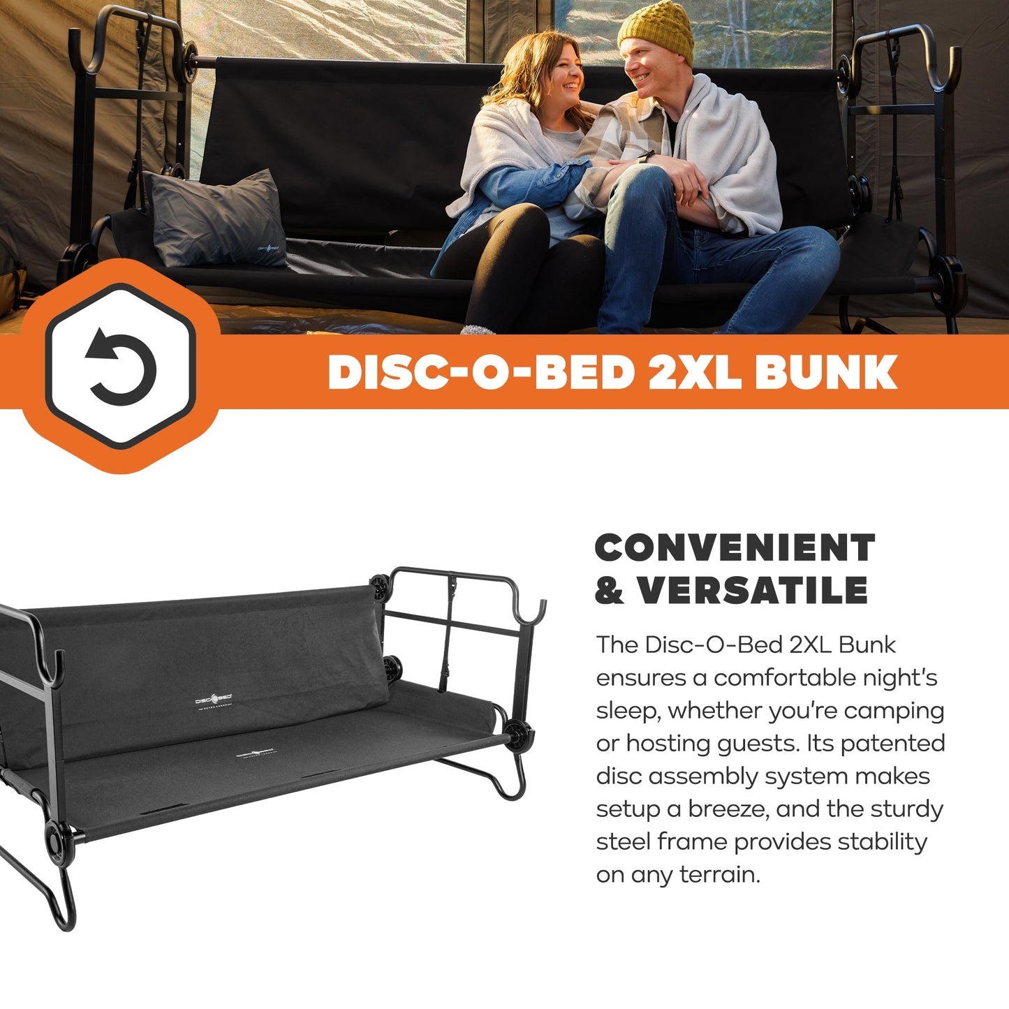 Disc-O-Bed 2XL Outdoor Convertible 2 Person Portable Camping Bunking Cots, Black