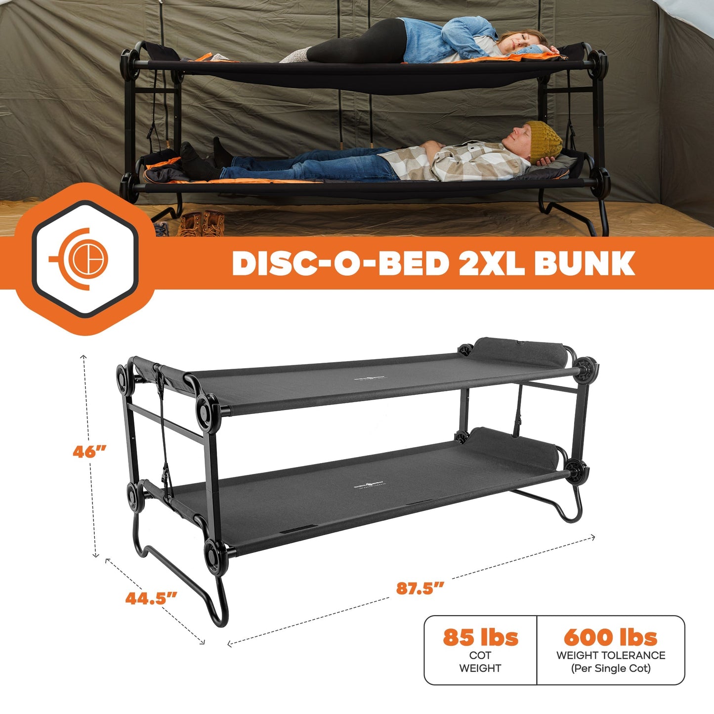 Disc-O-Bed 2XL Outdoor Convertible 2 Person Portable Camping Bunking Cots, Black