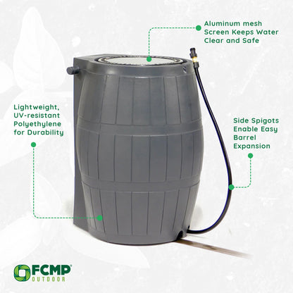 FCMP Outdoor RC4000 50 Gallon Outdoor Rain Water Catcher Barrel Container, Grey