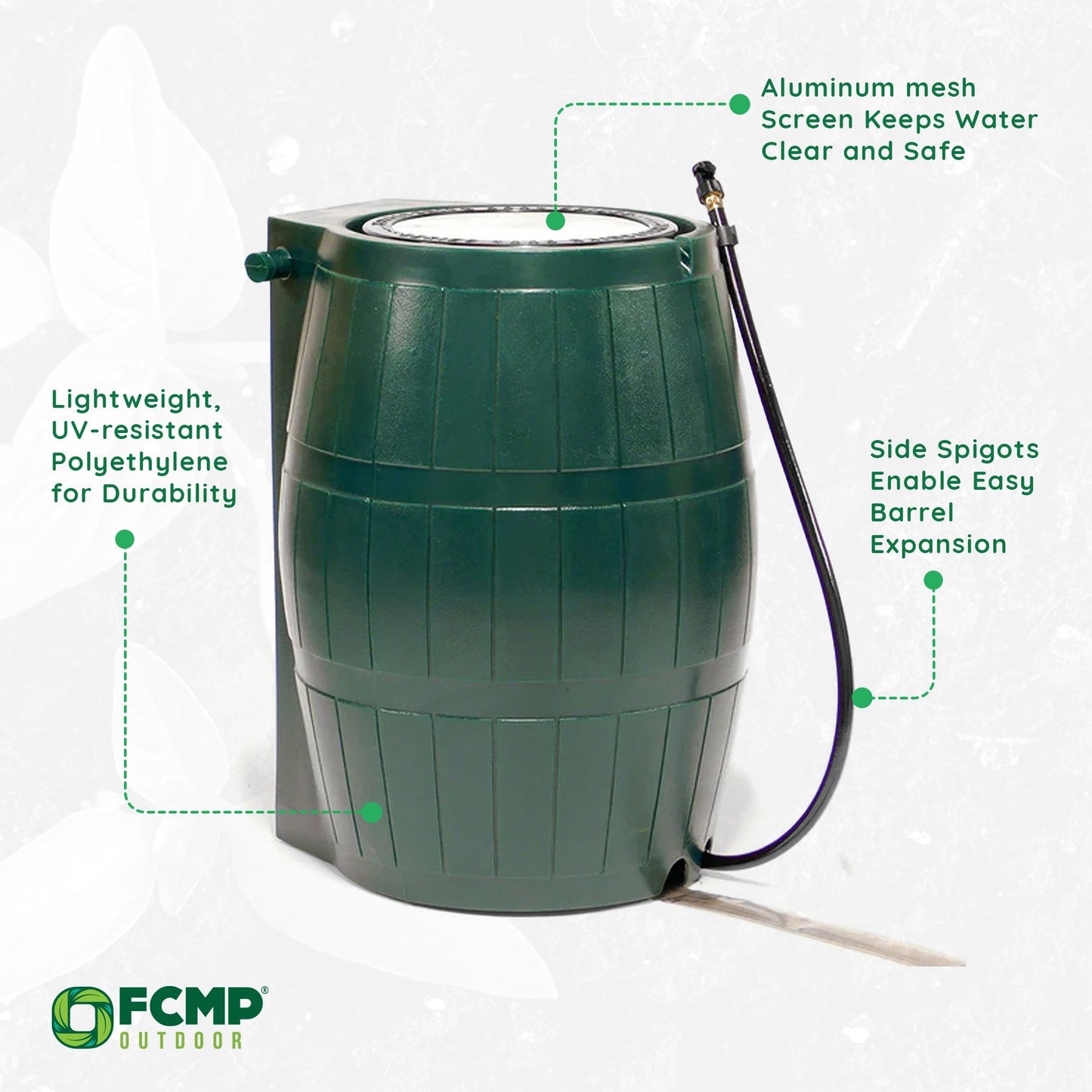 FCMP Outdoor RC4000 50 Gallon Outdoor Rain Water Catcher Barrel Container, Green