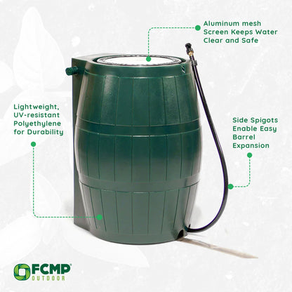 FCMP Outdoor RC4000 50 Gallon Outdoor Rain Water Catcher Barrel Container, Green