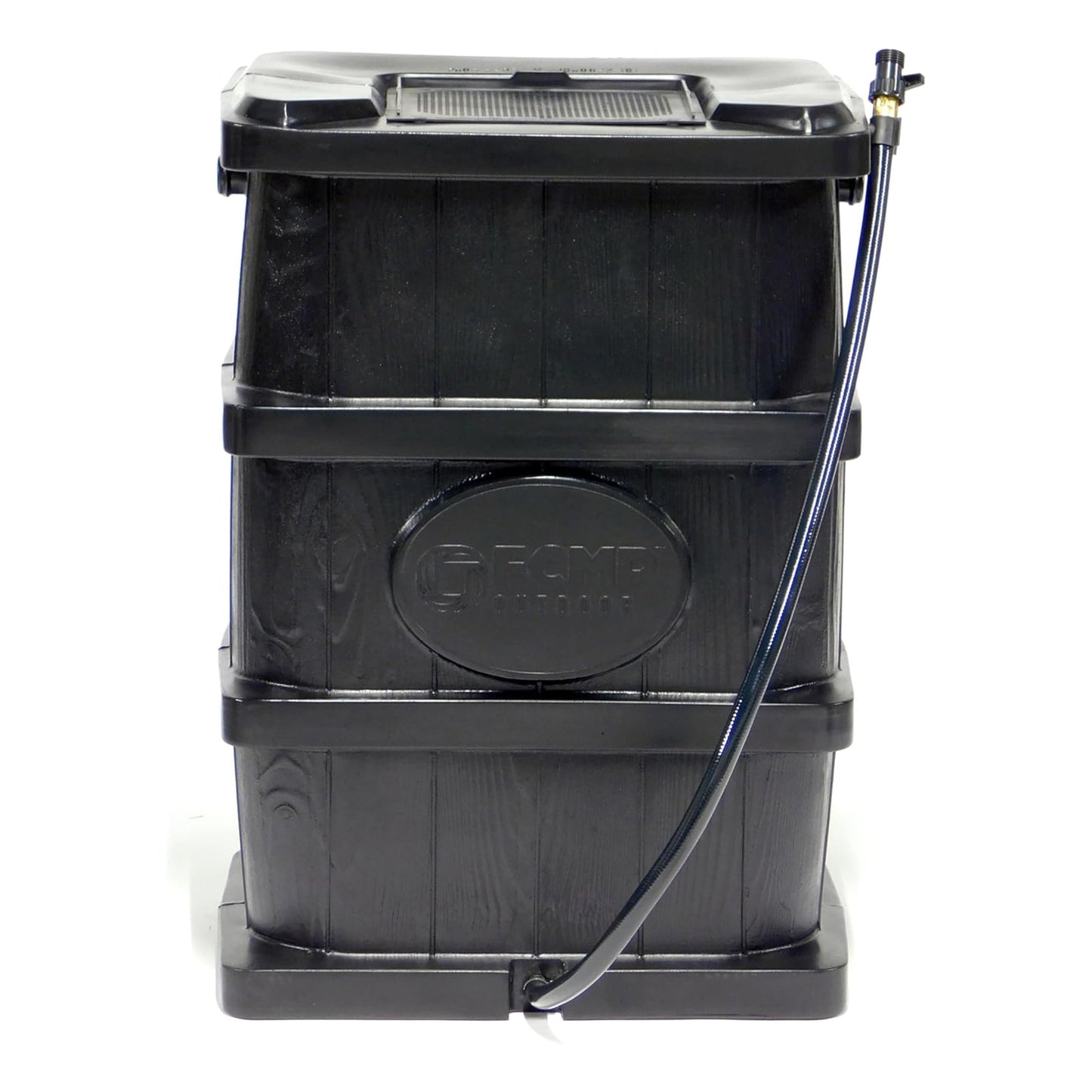 FCMP Outdoor Wood Grain Rain Water Catcher Barrel with Flat Back Design, Black