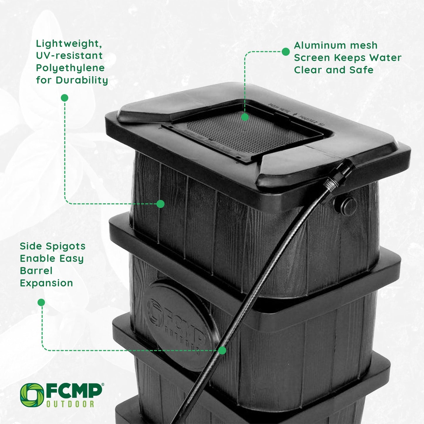 FCMP Outdoor Wood Grain Rain Water Catcher Barrel with Flat Back Design, Black