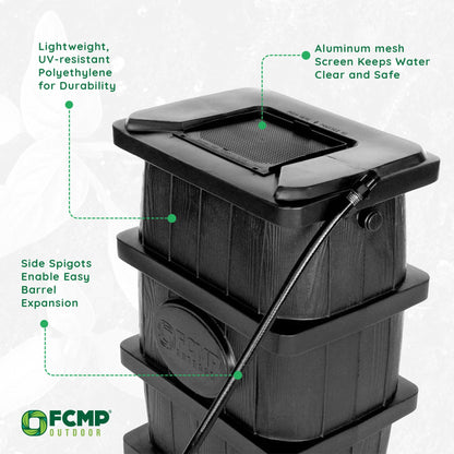 FCMP Outdoor Wood Grain Rain Water Catcher Barrel with Flat Back Design, Black