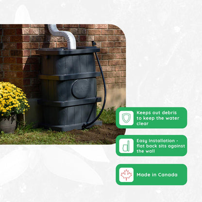 FCMP Outdoor Wood Grain Rain Water Catcher Barrel with Flat Back Design, Black